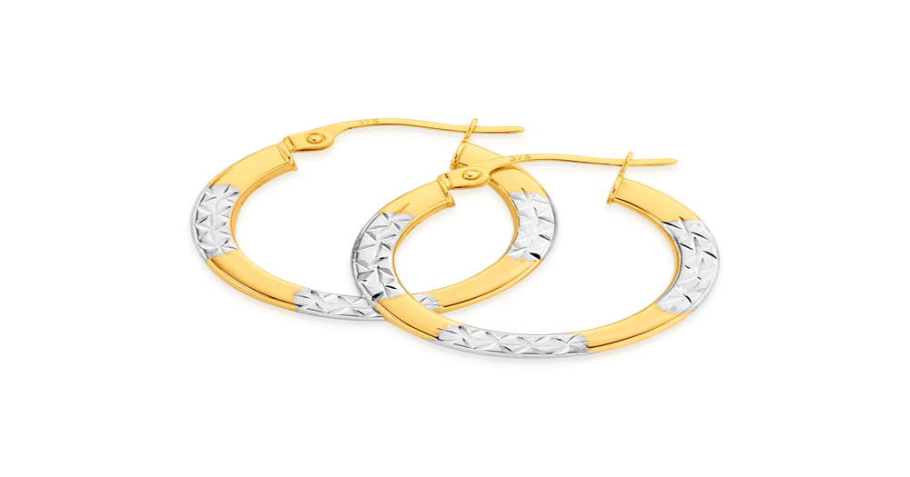 9ct Gold 15mm Square Tube Alternate Diamond-cut Hoop Earrings | Angus ...