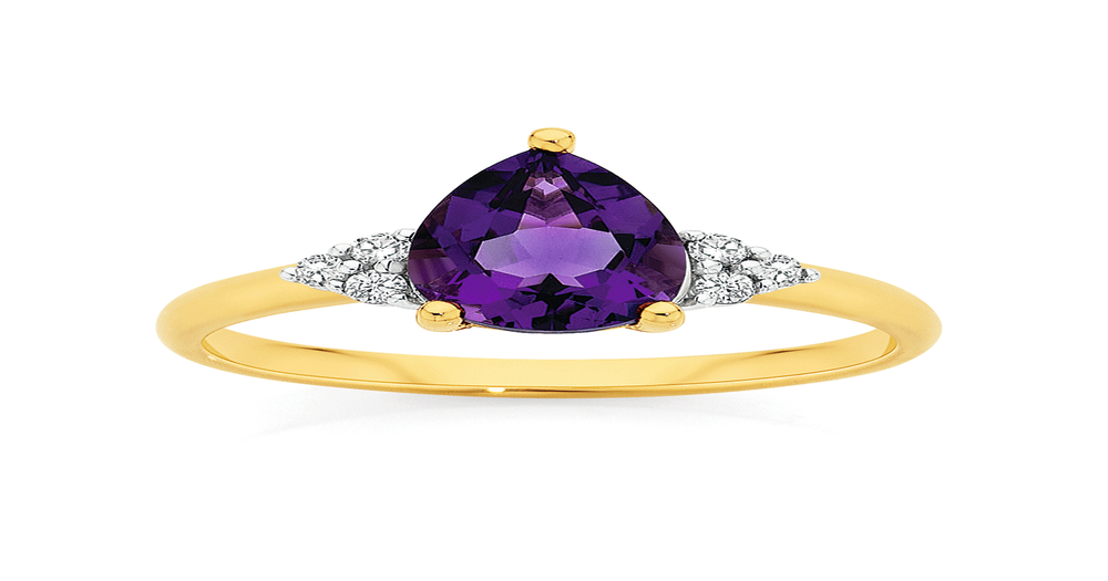 9ct Gold Amethyst & Diamond Pear Shape Ring in Purple | Angus & Coote