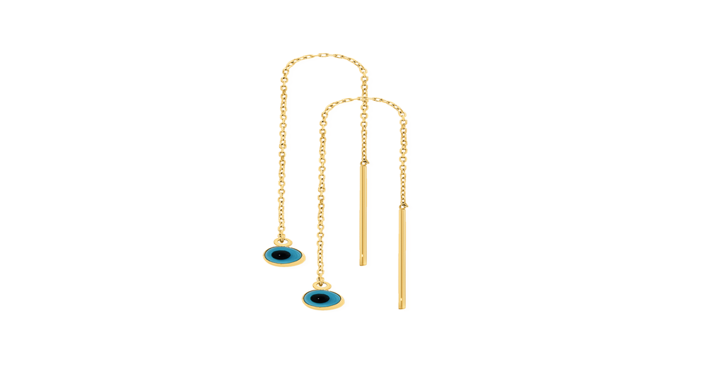 9ct Gold Blue Evil Eye Thread Through Earrings Angus & Coote