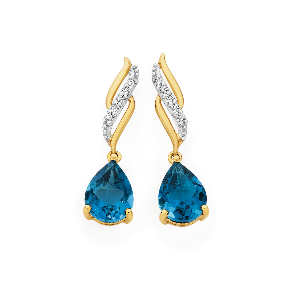 9ct Gold Blue Topaz .10ct Diamond Drop Earrings in Blue Angus