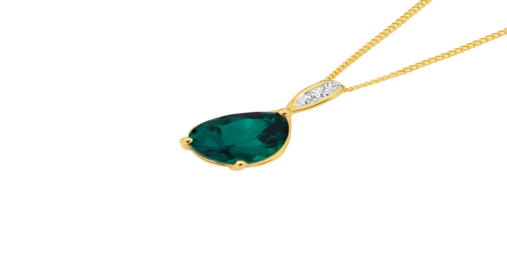 9ct Gold Created Emerald & Diamond Pear Shape Pendant in Green | Angus ...