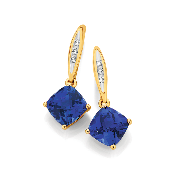 9ct Gold Created Sapphire & Diamond Drop Earrings | Earrings | Angus ...