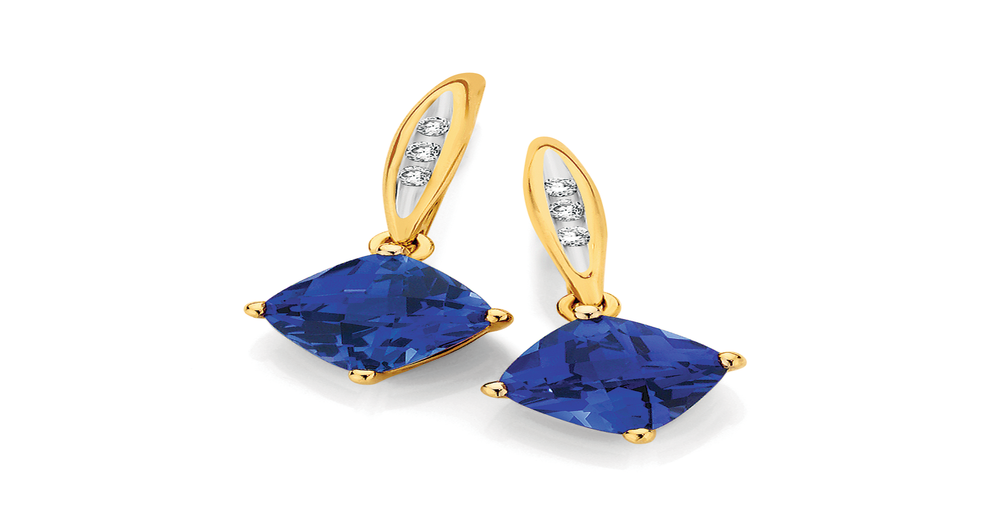 9ct Gold Created Sapphire & Diamond Drop Earrings in Blue | Angus & Coote