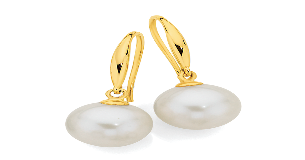 9ct Gold Cultured Fresh Water Pearl Drop Earrings in White | Angus & Coote