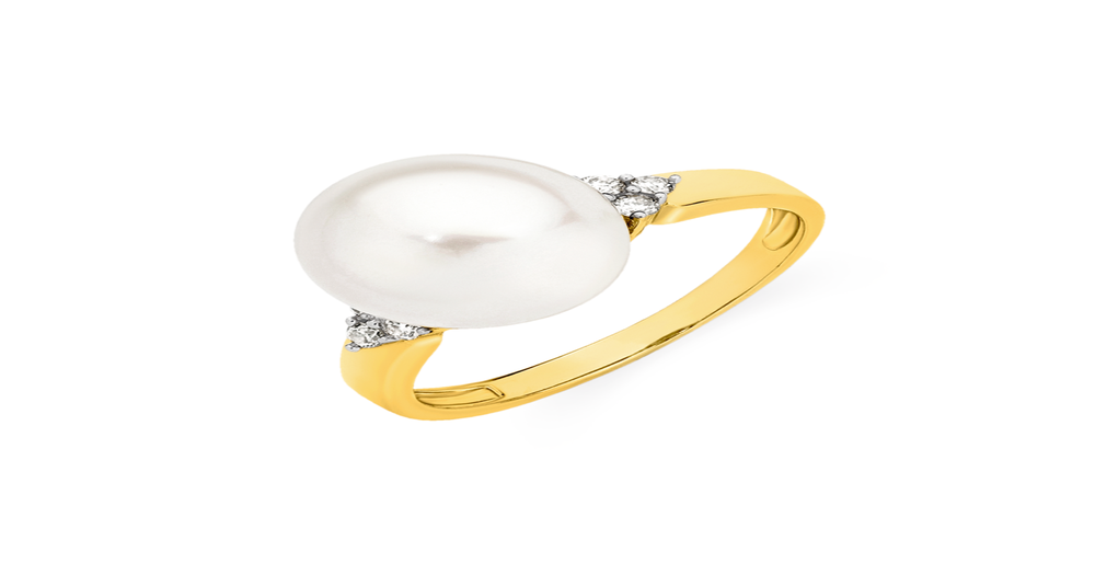 9ct Gold Cultured Freshwater Pearl & .15ct Diamond Ring in White ...