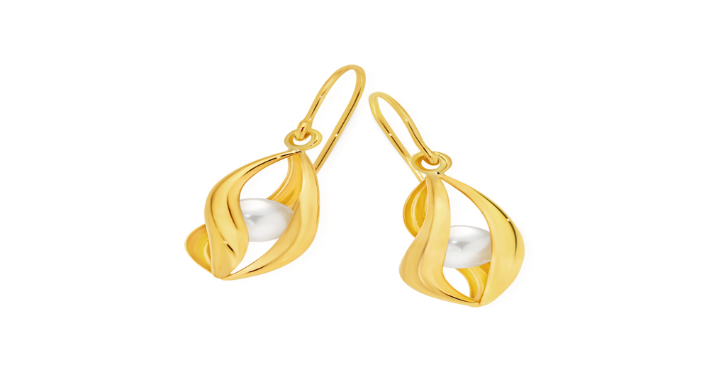 9ct Gold Cultured Freshwater Pearl Twist Hook Earrings in White | Angus ...