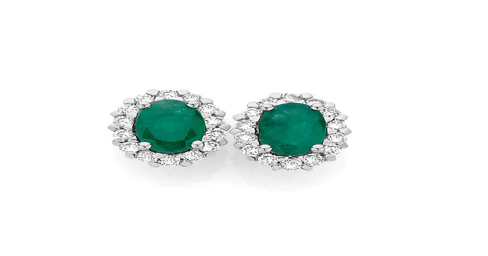 9ct Gold Emerald & .25ct Diamond Oval Frame Stud Earrings in Green ...