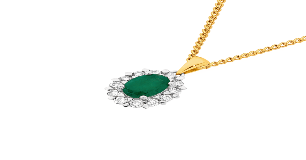 9ct Gold Emerald & .34ct Diamond Oval Frame Pendant in Green | Angus ...