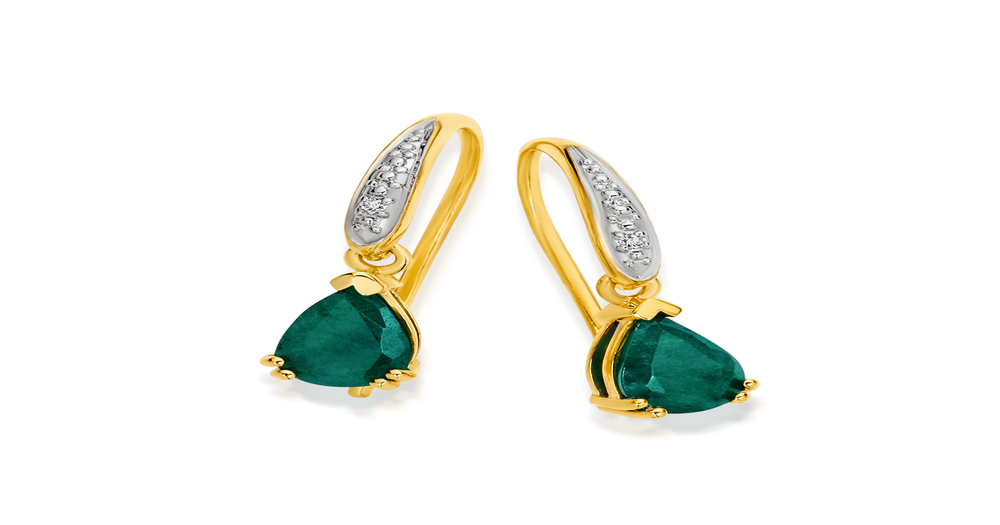 9ct Gold Emerald & Diamond Pear Hook Earrings in Green | Angus & Coote