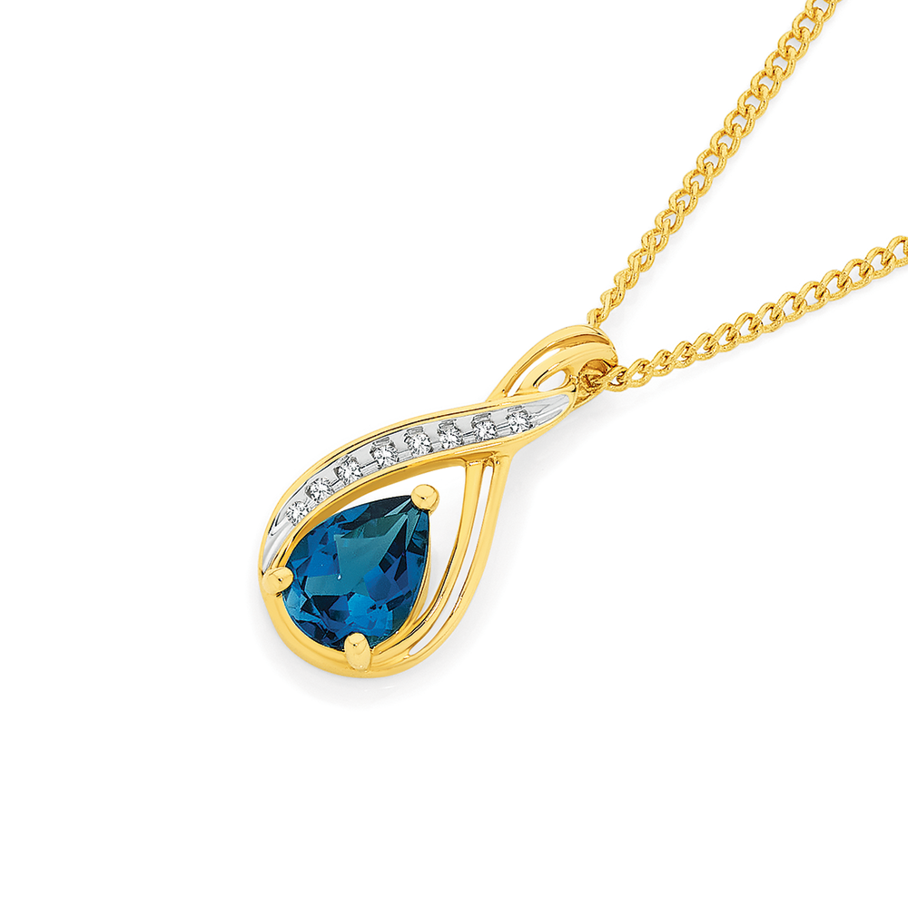 14KT Yellow Gold Rare Pair Diamond and Blue Topaz Necklace