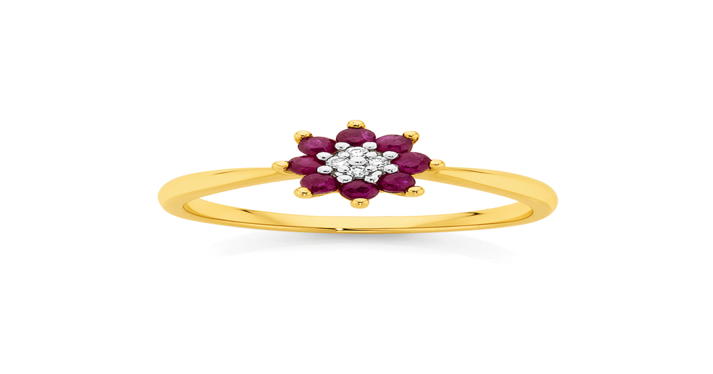9ct Gold Natural Ruby & Diamond Petite Flower Ring in Red | Angus & Coote