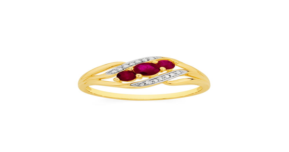 9ct Gold Natural Ruby & Diamond Trilogy Ring in Red | Angus & Coote