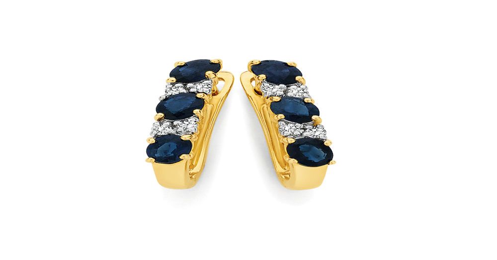 9ct Gold Natural Sapphire & .10ct Diamond Hoop Earrings in Blue | Angus ...
