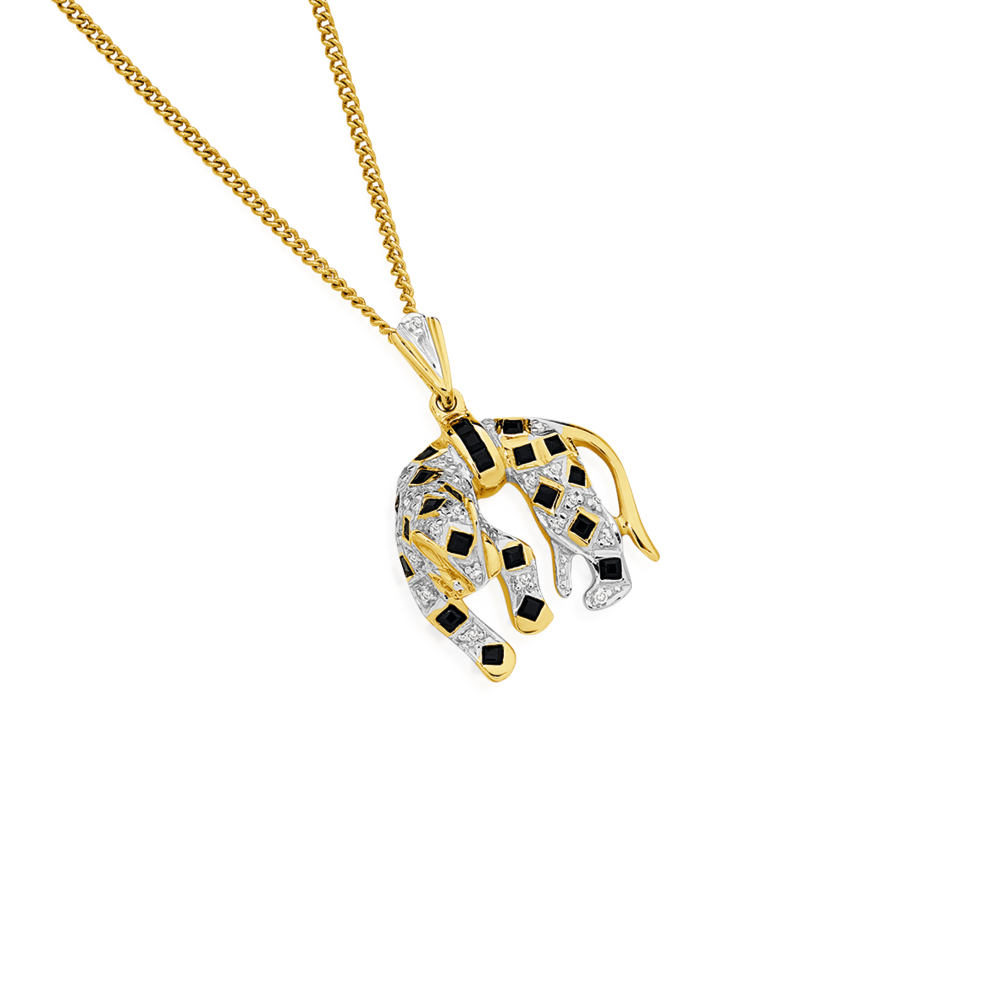 9ct Gold Natural Sapphire & Diamond Leopard Pendant in Black ...
