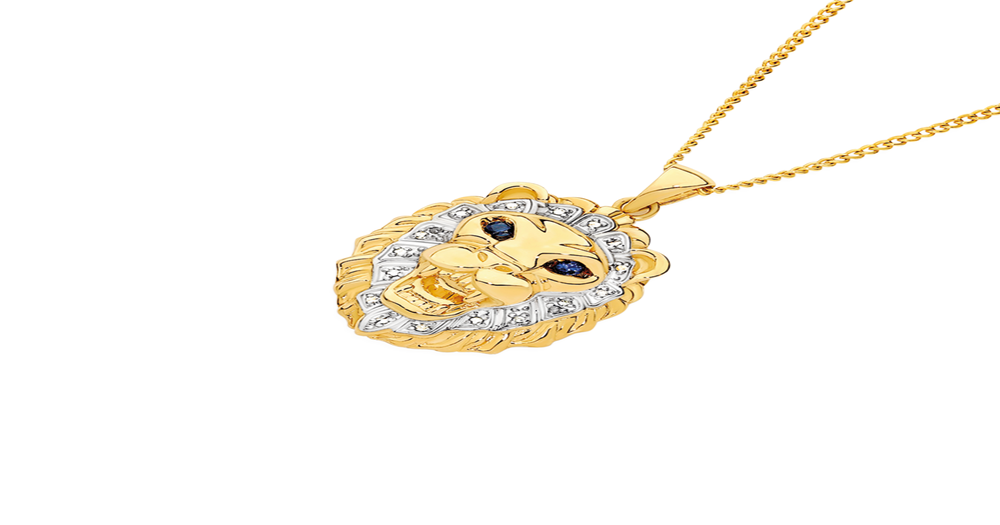 9ct Gold Natural Sapphire Eyes Lion Head Pendant | Angus & Coote