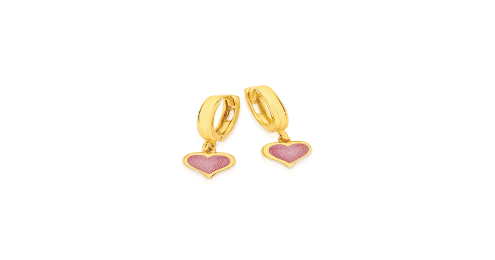 9ct Gold Pink Enamel Heart Drop Huggie Earrings | Angus & Coote