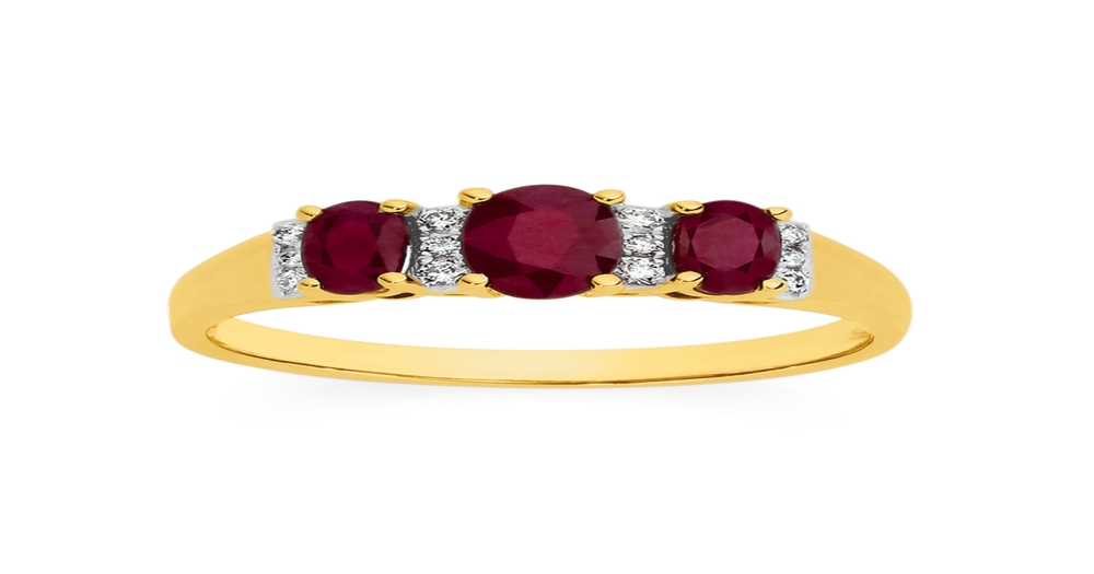 9ct Gold Ruby & .10ct Diamond Oval Trilogy Ring in Red | Angus & Coote