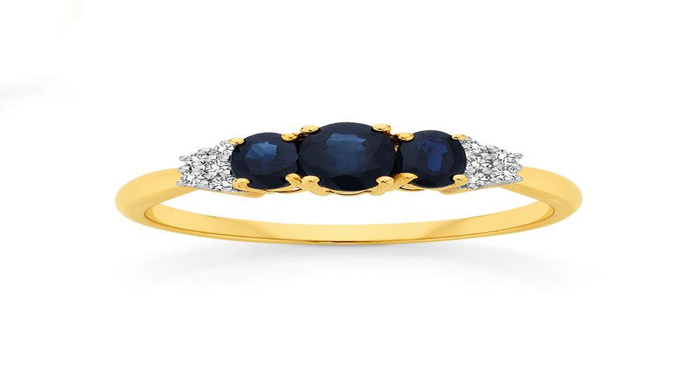 9ct Gold Sapphire & .10ct Diamond Trilogy Ring in Blue | Angus & Coote