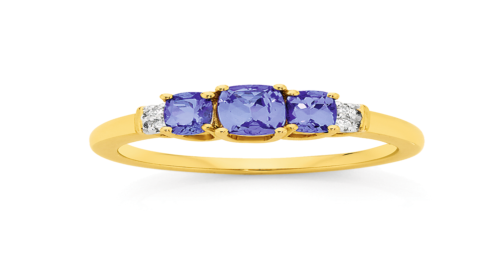 9ct Gold Tanzanite & Diamond Trilogy Dress Ring in Blue | Angus & Coote