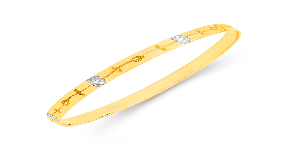 9ct Gold Two Tone 65mm Lotus Engraved Bangle | Angus & Coote