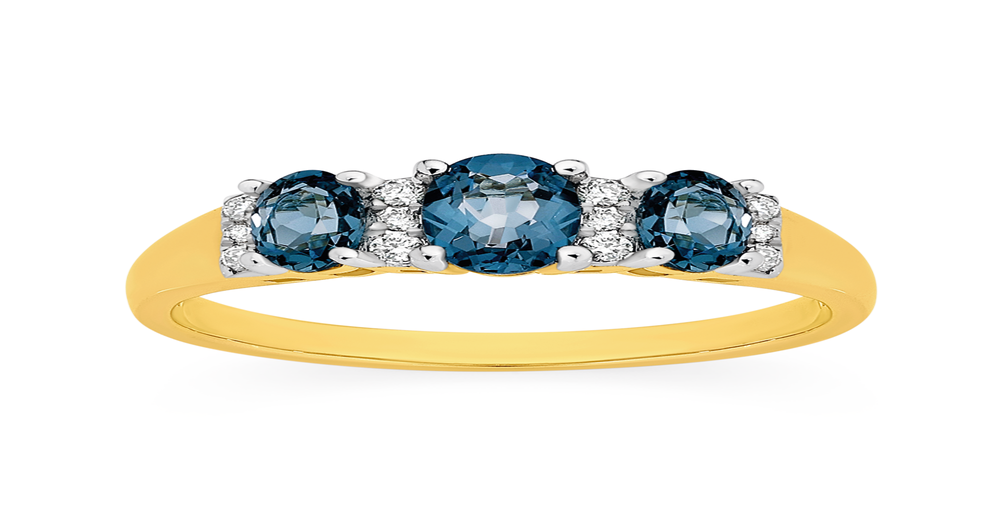 9ct London Blue Topaz & .10ct Diamond Oval Trilogy Ring in Blue | Angus ...