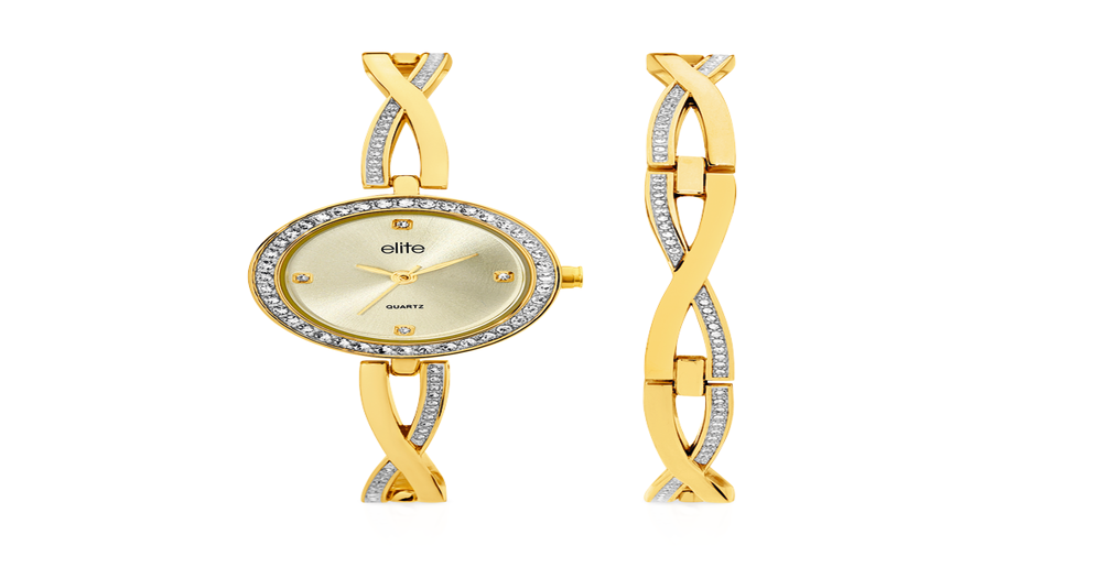 Elite Ladies Watch And Bracelet Set in Gold | Angus & Coote