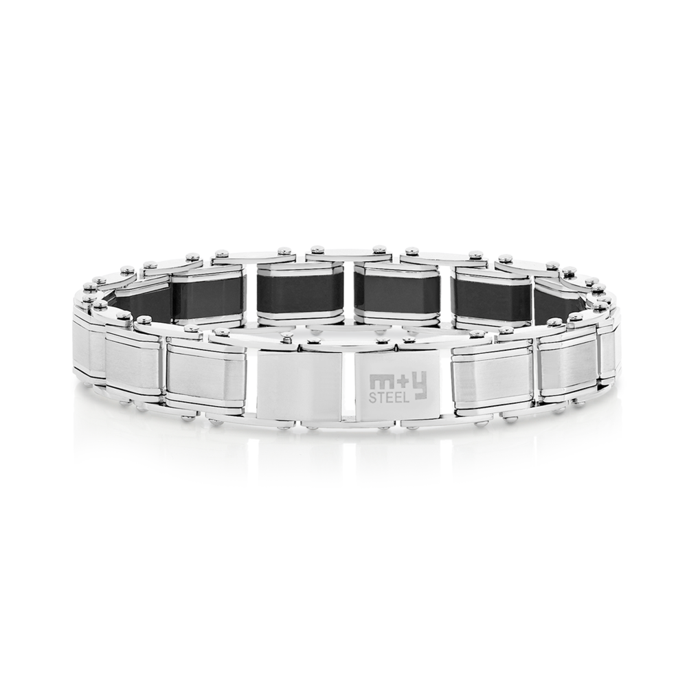 M+y Stainless Steel Black Centre/silver Line Edge Bracelet | Angus