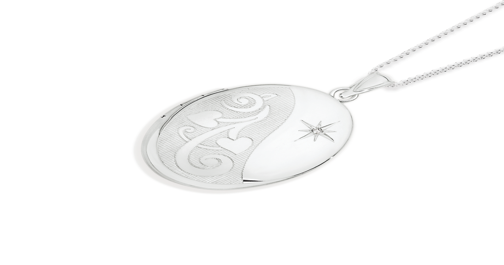 Silver 20mm Oval Diamond Two Hearts Locket | Angus & Coote
