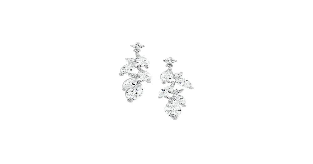 Silver Cz Leaf Drop Earrings in White | Angus & Coote