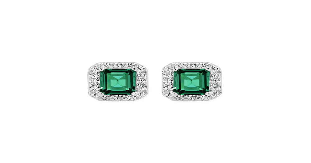 Silver Dark Green Cz Emerald Cut Cluster Earrings in Green | Angus & Coote