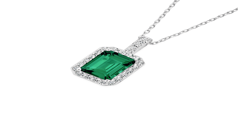 Silver Dark Green Emerald Cut Cz Cluster Pendant in Green | Angus & Coote