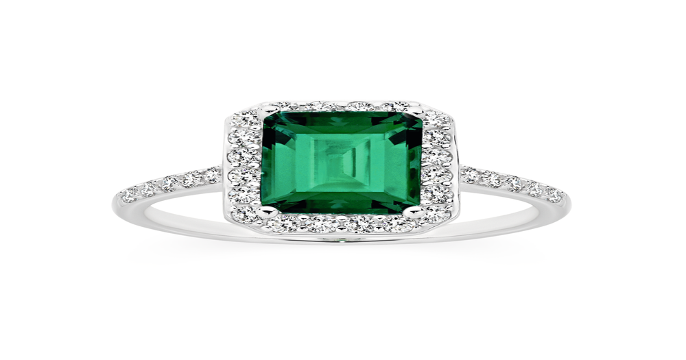 Silver Dark Green Emerald Cut Cz Cluster Ring in White | Angus & Coote