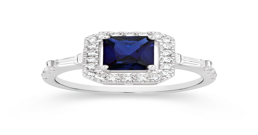 Silver Emerald Cut Created Sapphire And Cz Dress Ring In Blue Angus And Coote 1090