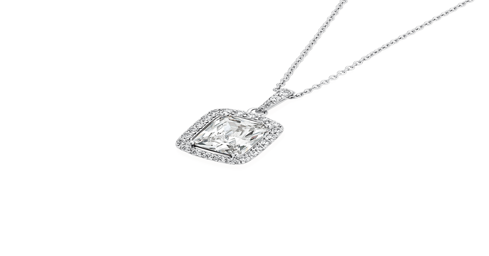 Silver Emerald Cut Cz Border Pendant in White | Angus & Coote