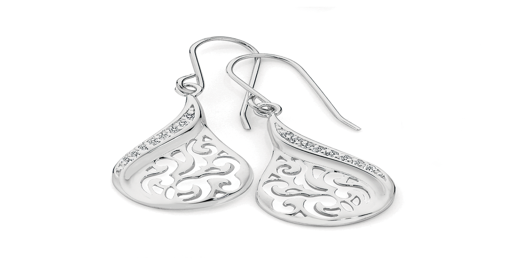 Silver Filigree Cubic Zirconia Teardrop Hook Earrings in White | Angus ...