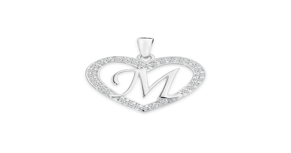 Silver Initial M In Cubic Zirconia Heart Pendant in White | Angus & Coote