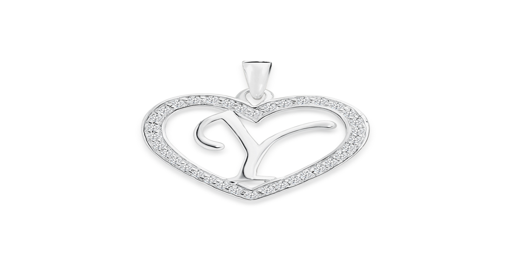 Silver Initial Y In Cubic Zirconia Heart Pendant in White | Angus & Coote