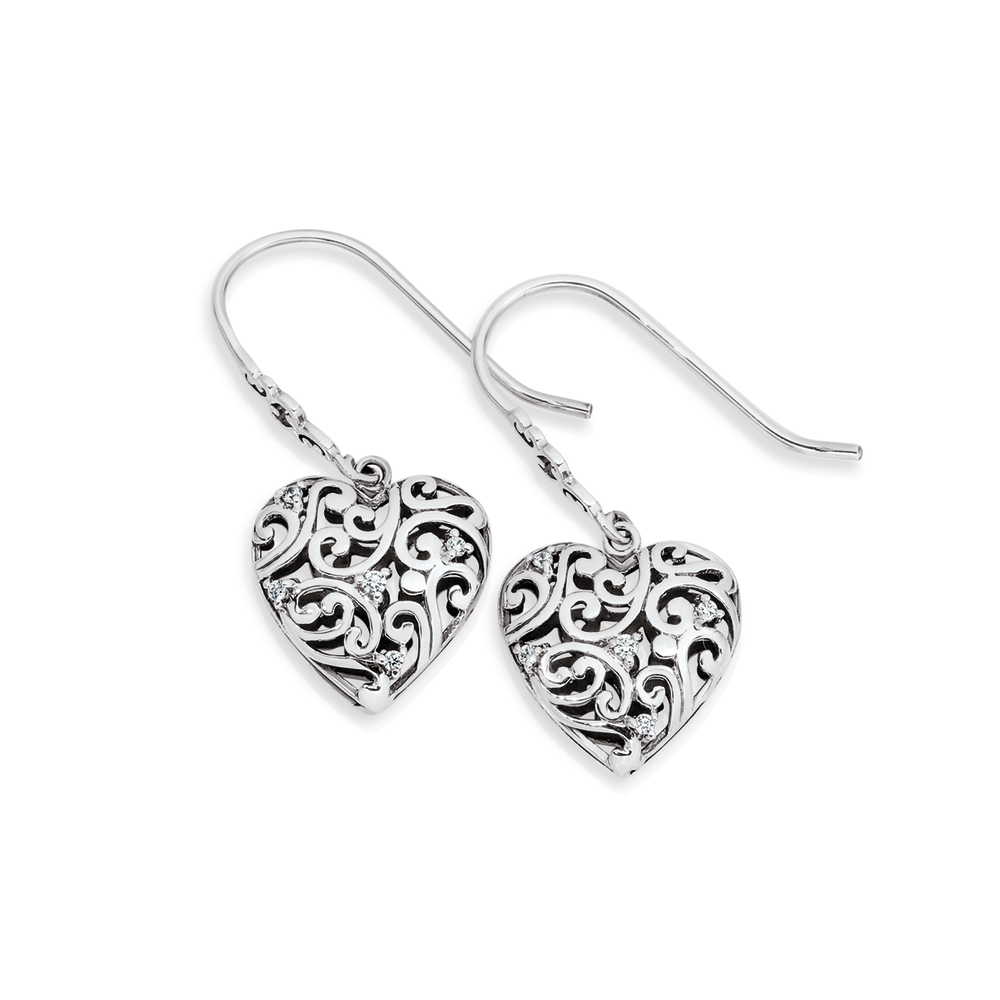 sterling silver filigree heart drop earrings