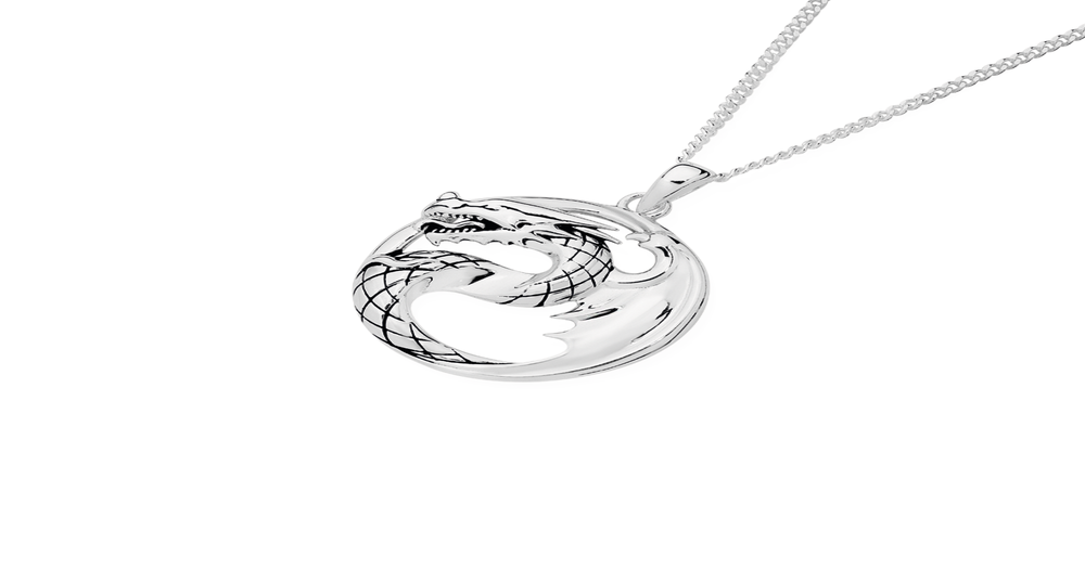 Silver Oxidised Dragon Circle Pendant | Angus & Coote