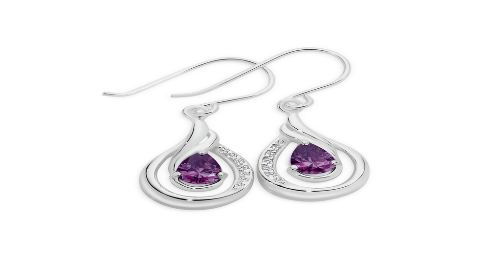 Silver Purple And White Cz Pear Shape Wave Loop Earrings in Purple ...