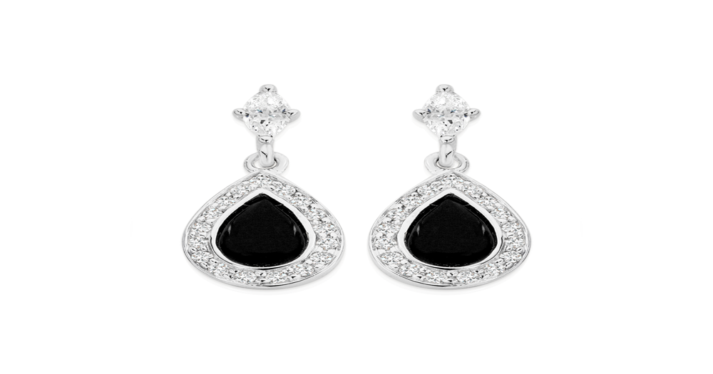 Silver Small Pear Black Agate & Cz Drop Earrings in Black | Angus & Coote