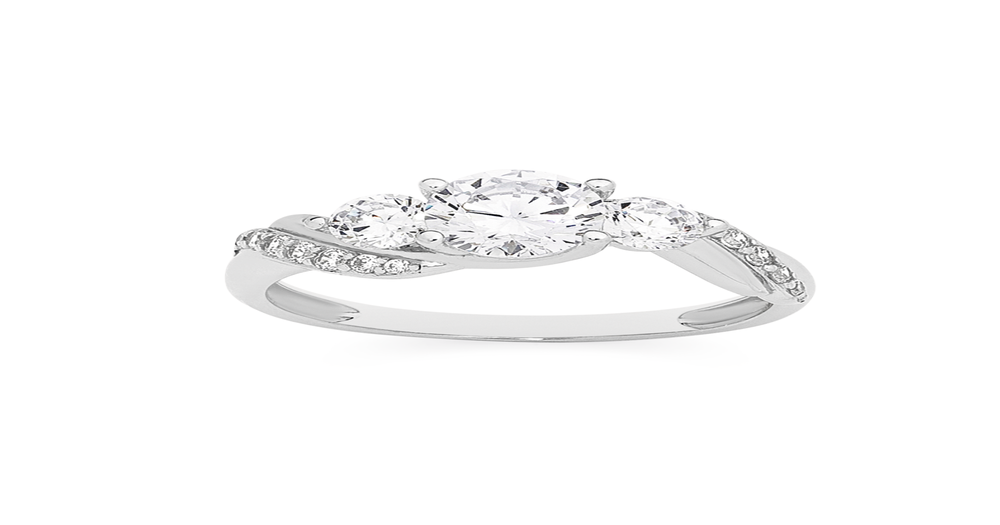 Sterling Silver 3 Stone Cubic Zirconia With Cz Twist Band Ring in White ...